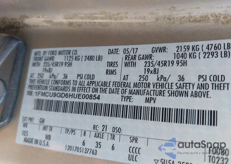 2017 Ford Escape Se z USA, uszkodzony, nr VIN 1FMCU9GD6HUE00854